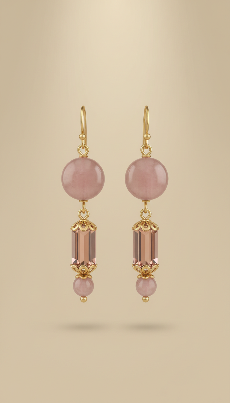 Orecchini pendenti oro e quarzo rosa